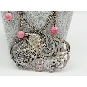 10. Vintage Art Nouveau Glass Silver Tone Lady Pendant Necklace (A304)